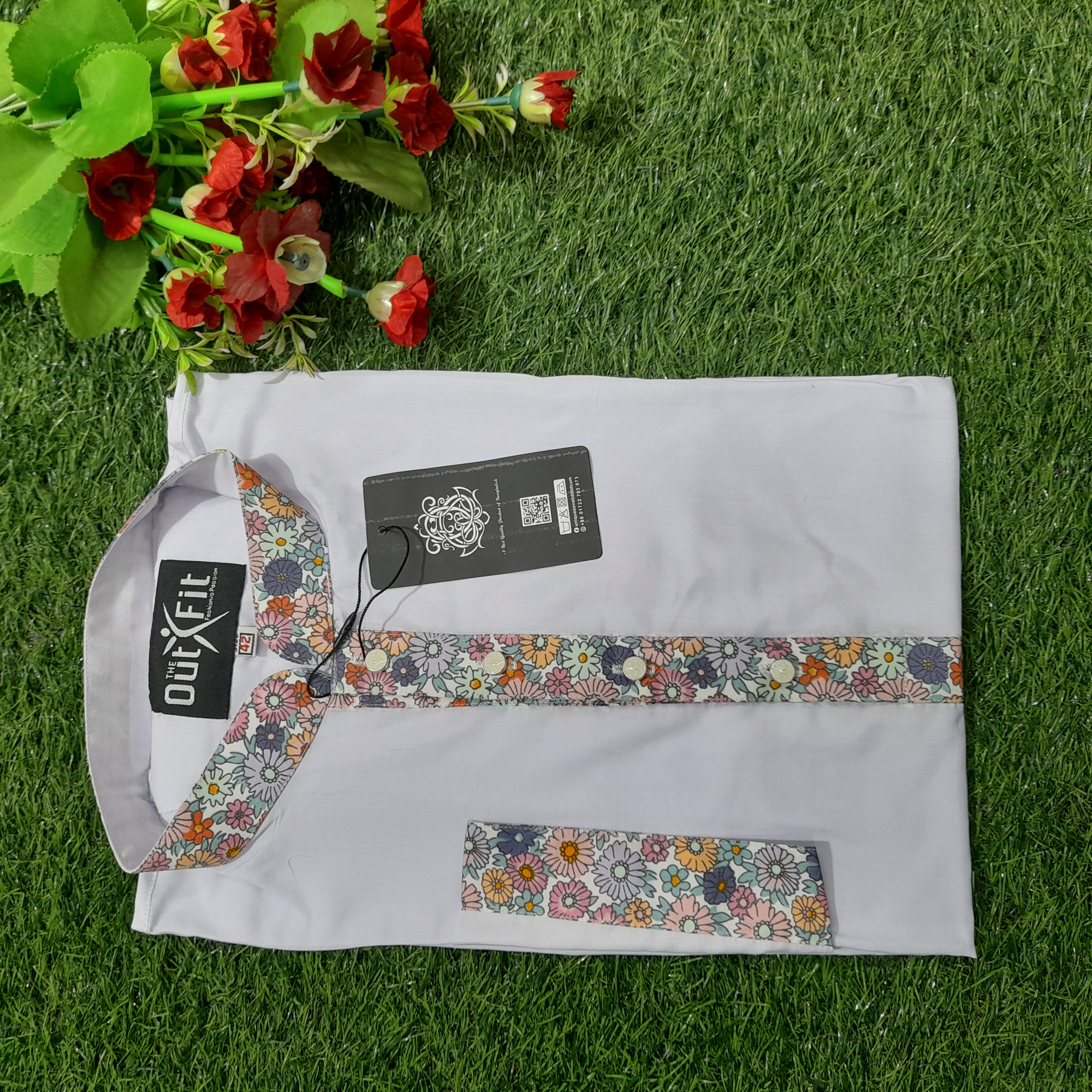 Exclusive Long Sleeve White Panjabi With printed fabrics Coller