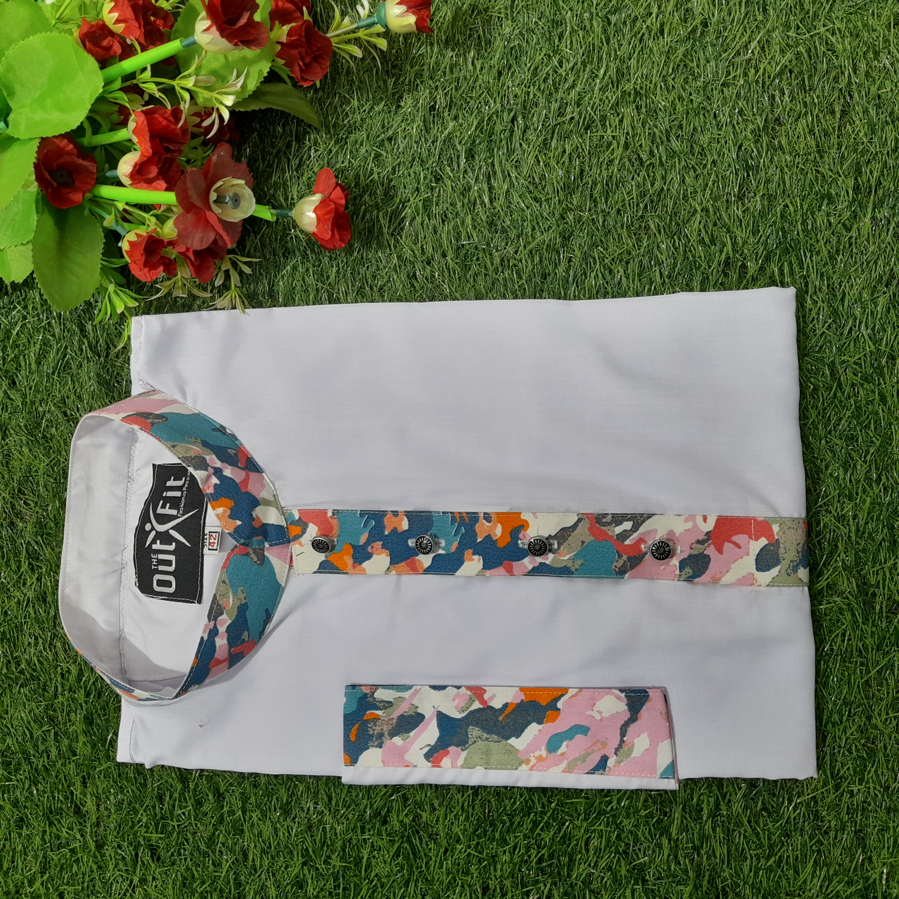 Exclusive Long Sleeve white Panjabi With printed fabrics coller