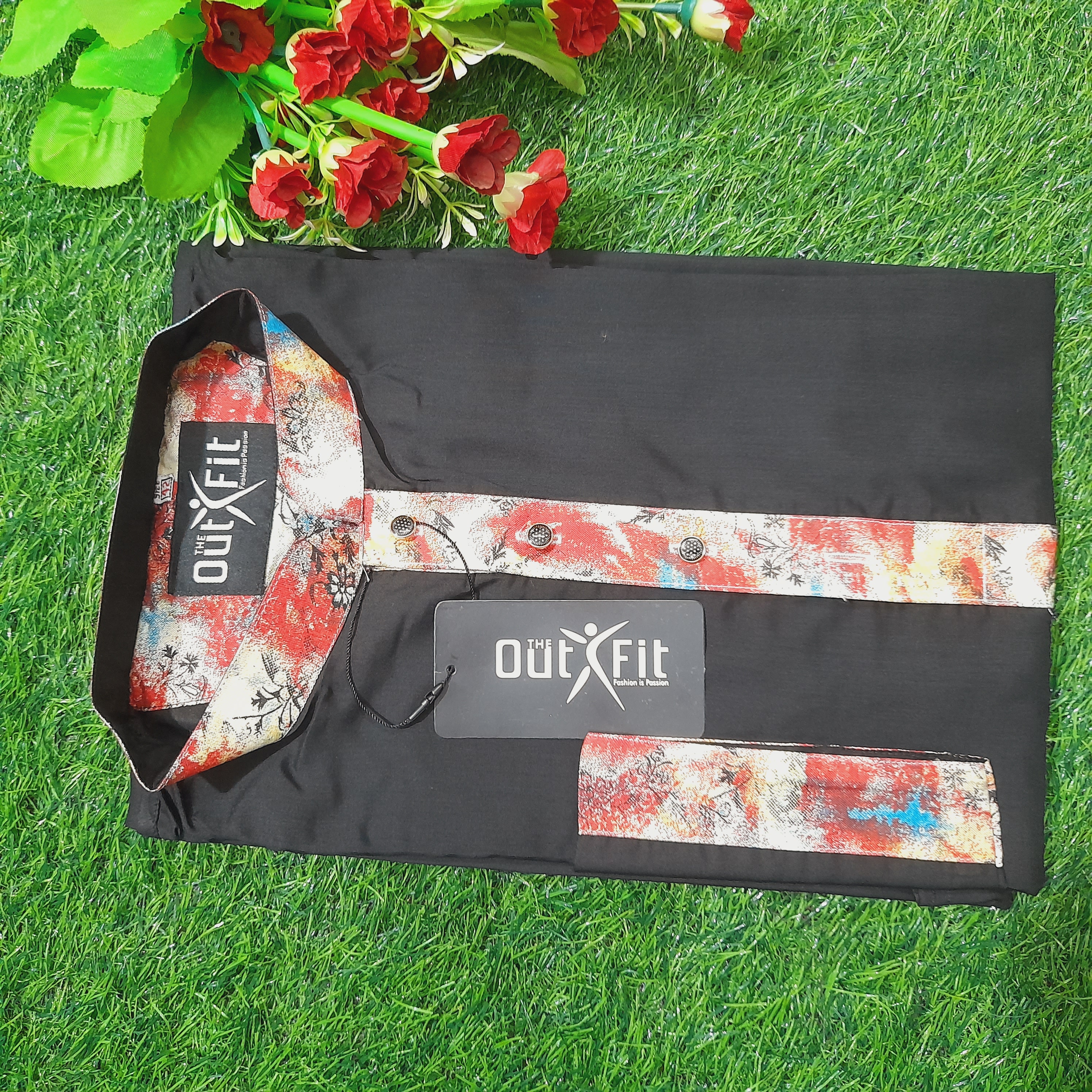Exclusive Long Sleeve Black Panjabi With printed fabrics coller